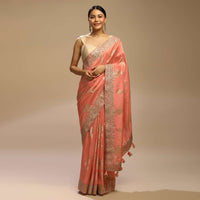 Peach Amber Saree In Dupion Silk With Woven Floral Motifs And Gotta Embroidered Floral Border