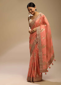 Peach Amber Saree In Dupion Silk With Woven Floral Motifs And Gotta Embroidered Floral Border