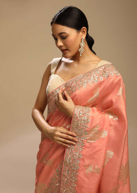 Peach Amber Saree In Dupion Silk With Woven Floral Motifs And Gotta Embroidered Floral Border