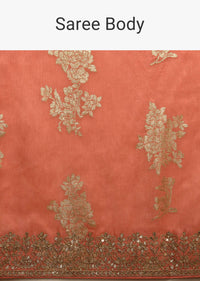 Peach Amber Saree In Dupion Silk With Woven Floral Motifs And Gotta Embroidered Floral Border