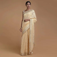 Ivory Beige Banarasi Saree With Weaved Floral Jaal And Gotta Embroidery Online - Kalki Fashion