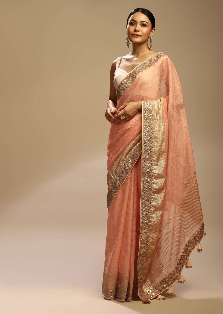 Peach Saree In Zari Kota Silk With Woven Checks And Gotta Embroidered Border