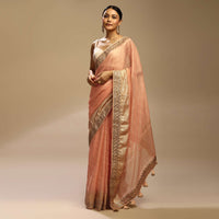 Peach Saree In Zari Kota Silk With Woven Checks And Gotta Embroidered Border