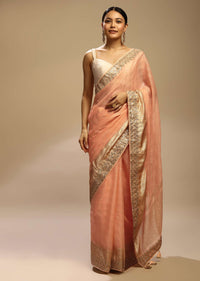 Peach Saree In Zari Kota Silk With Woven Checks And Gotta Embroidered Border