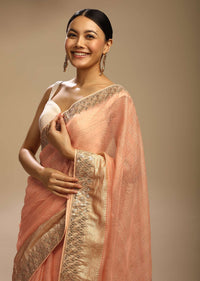 Peach Saree In Zari Kota Silk With Woven Checks And Gotta Embroidered Border