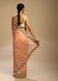 Peach Saree In Zari Kota Silk With Woven Checks And Gotta Embroidered Border