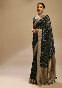 Dark Pine Green Saree In Organza Silk With Woven Moroccan Jaal And Gotta Patti Embroidered Floral Border