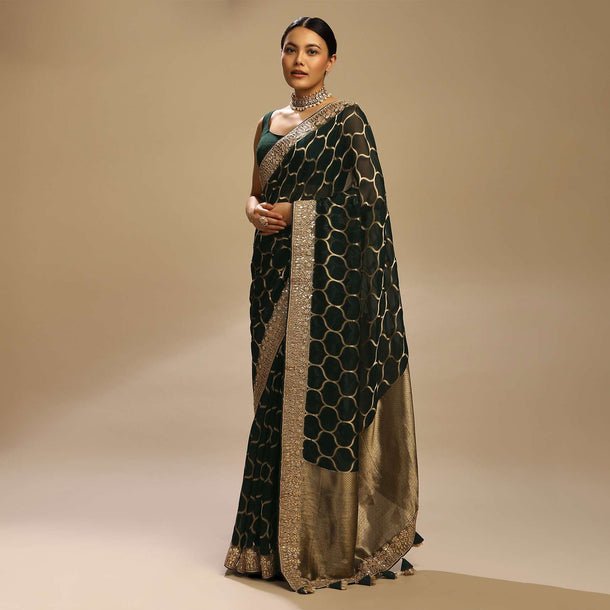 Dark Pine Green Saree In Organza Silk With Woven Moroccan Jaal And Gotta Patti Embroidered Floral Border