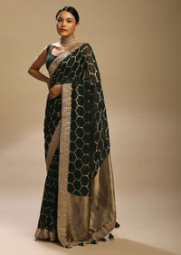 Dark Pine Green Saree In Organza Silk With Woven Moroccan Jaal And Gotta Patti Embroidered Floral Border