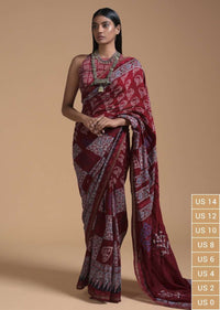 Maroon Saree In Cotton With Batik Printed Buttis And Applique Work On The Pallu Online - Kalki Fashion