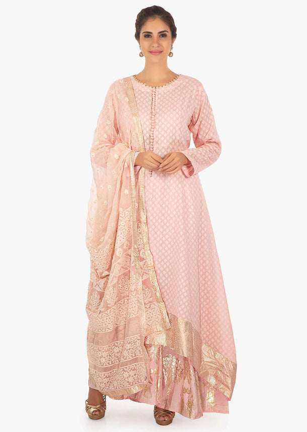 jacquard cotton pink kurti in foil printed hemline paired with a foil printed palazzo and lucknowi thread work dupatta only on Kalki