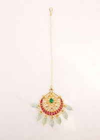 Jadau maang tikka with pista green bead drops only on Kalki