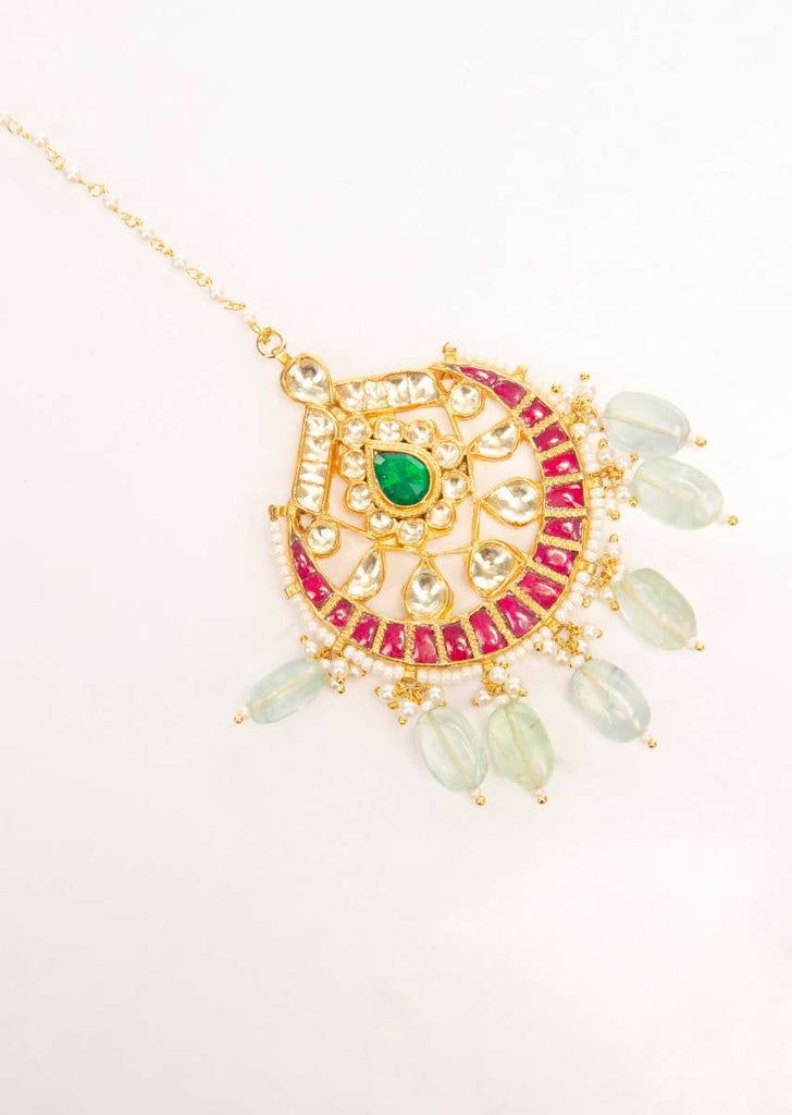 Jadau maang tikka with pista green bead drops only on Kalki