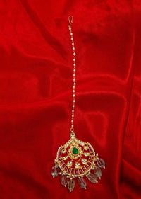 Jadau maang tikka with pista green bead drops only on Kalki