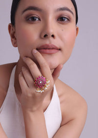 Jadau Kundan Ring With Ruby Onyx Stones And Pearls