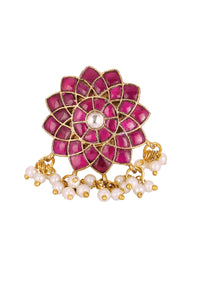 Jadau Kundan Ring With Ruby Onyx Stones And Pearls