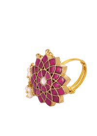 Jadau Kundan Ring With Ruby Onyx Stones And Pearls
