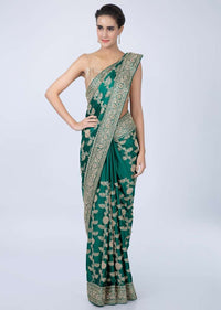 Jade Green Saree In Heavy Jaal Embroidered Satin Online - Kalki Fashion