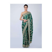 Jade Green Saree In Heavy Jaal Embroidered Satin Online - Kalki Fashion