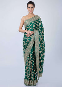 Jade Green Saree In Heavy Jaal Embroidered Satin Online - Kalki Fashion