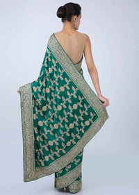 Jade Green Saree In Heavy Jaal Embroidered Satin Online - Kalki Fashion