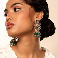 Jade Green Kundan Jhumka With Semi Precious Jades And Dangling Fringe Detailing