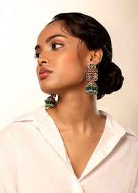 Jade Green Kundan Jhumka With Semi Precious Jades And Dangling Fringe Detailing