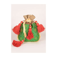 Jade Green Potli In Ikkat Weave With Red Elaborate Tassel Dori Online - Kalki Fashion