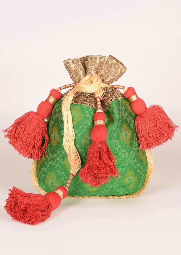 Jade Green Potli In Ikkat Weave With Red Elaborate Tassel Dori Online - Kalki Fashion