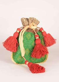 Jade Green Potli In Ikkat Weave With Red Elaborate Tassel Dori Online - Kalki Fashion