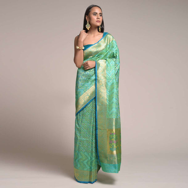 Jade Green Saree In Silk With Woven Mesh And Bandhani Design Online - Kalki Fashion