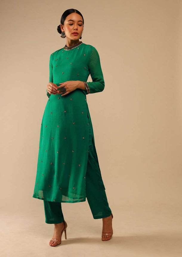 Jade Green Straight Cut Suit In Georgette With Sequin Embellished Buttis