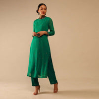 Jade Green Straight Cut Suit In Georgette With Sequin Embellished Buttis