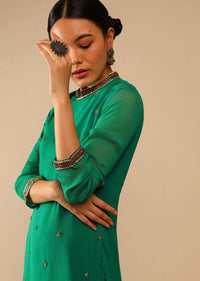 Jade Green Straight Cut Suit In Georgette With Sequin Embellished Buttis