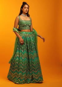 Jade Green And Grass Green Lehenga In Georgette With Chevron And Bandhani Print And Mirror Embroidered Choli