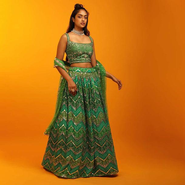 Jade Green And Grass Green Lehenga In Georgette With Chevron And Bandhani Print And Mirror Embroidered Choli