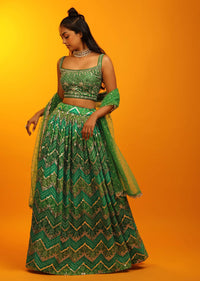 Jade Green And Grass Green Lehenga In Georgette With Chevron And Bandhani Print And Mirror Embroidered Choli