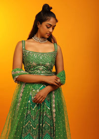 Jade Green And Grass Green Lehenga In Georgette With Chevron And Bandhani Print And Mirror Embroidered Choli