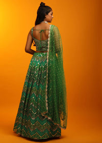 Jade Green And Grass Green Lehenga In Georgette With Chevron And Bandhani Print And Mirror Embroidered Choli