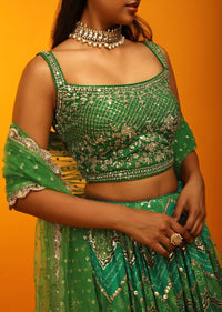 Jade Green And Grass Green Lehenga In Georgette With Chevron And Bandhani Print And Mirror Embroidered Choli