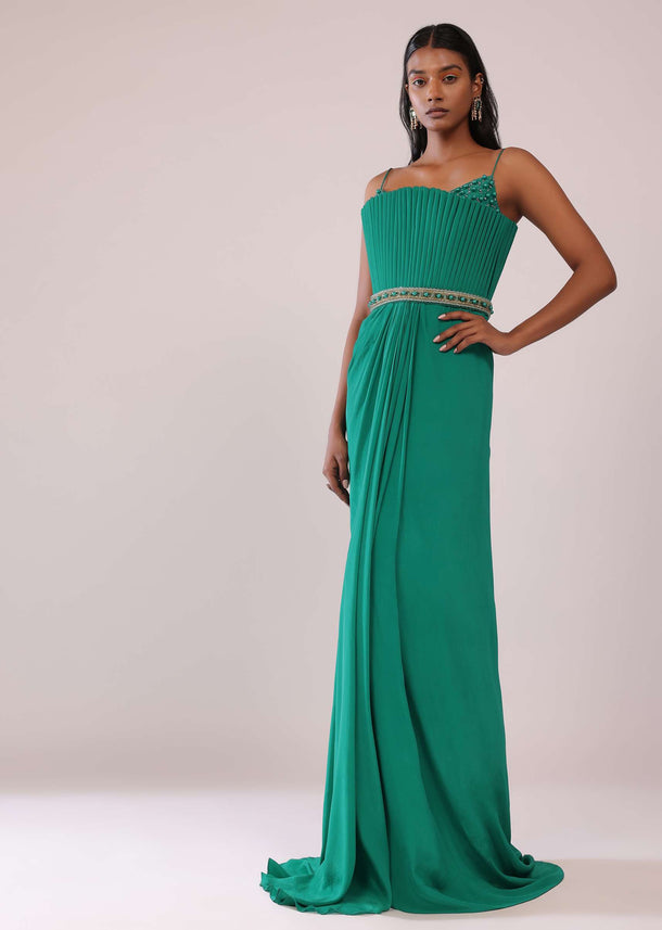 Jade Green Crepe Gown And Belt Adorned With Moti And Beads