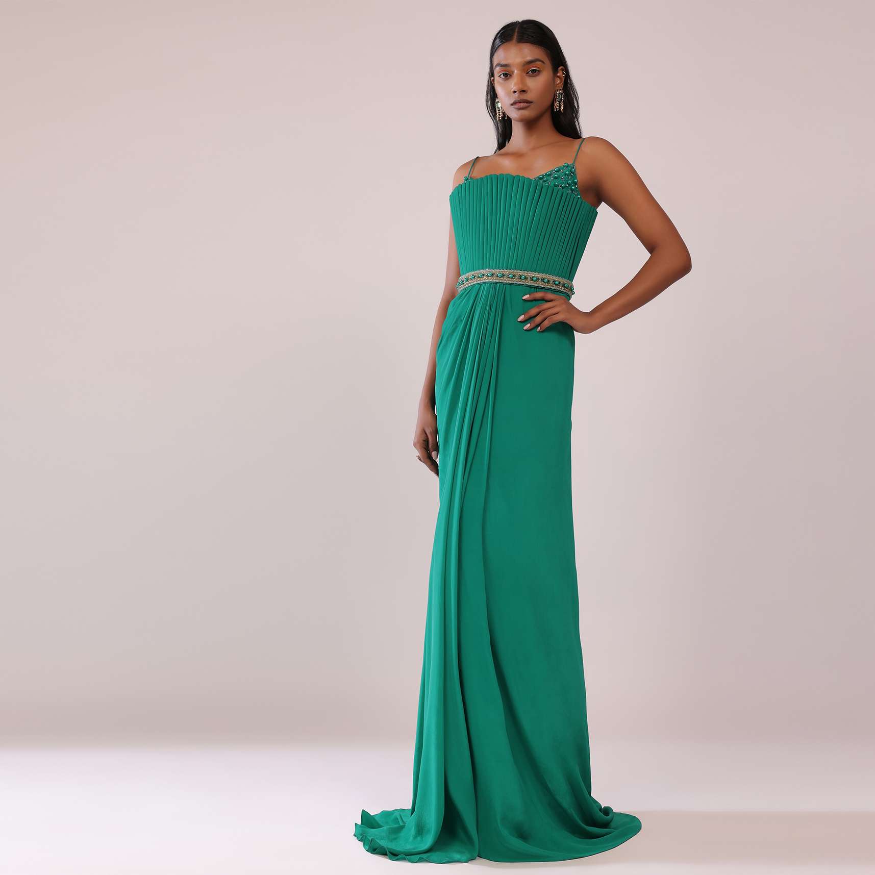 Jade Green Crepe Gown And Belt Adorned With Moti And Beads