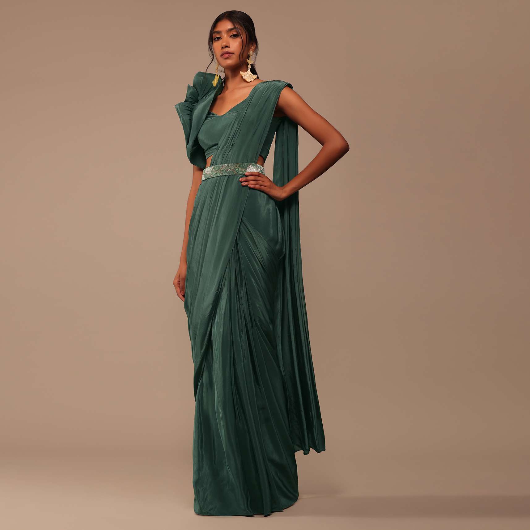 Jade Green Saree With Fancy One Side Flowered Shape Sleeve And Belt