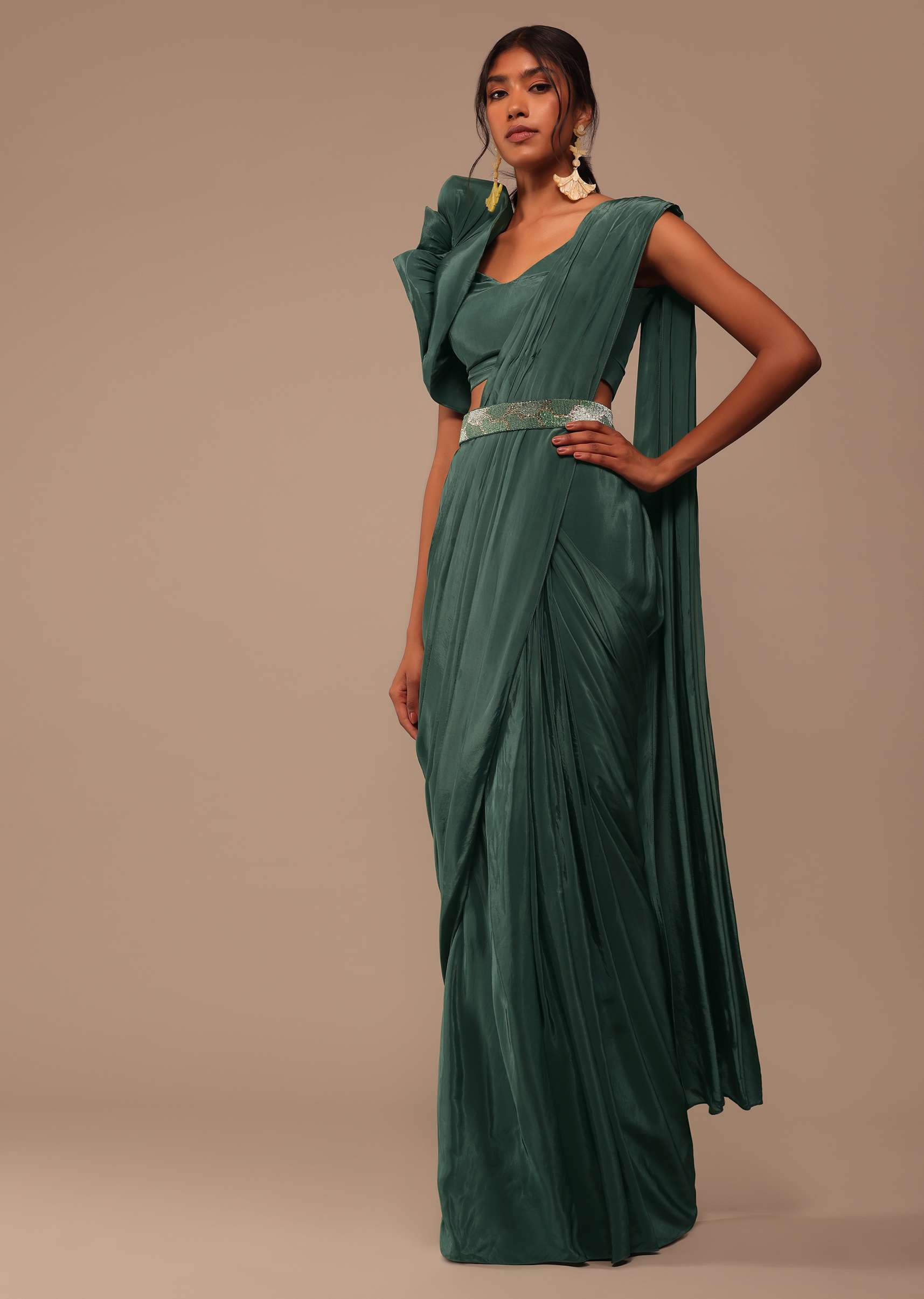 Jade Green Saree With Fancy One Side Flowered Shape Sleeve And Belt