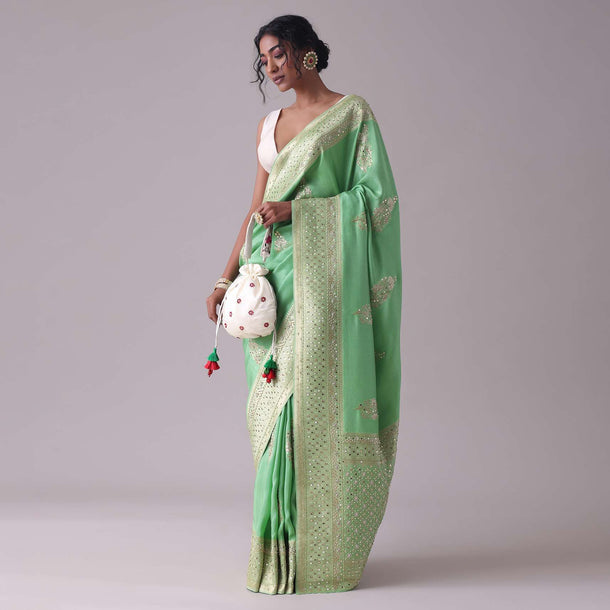 Jadesheen Green Embroidered Saree In Khadi Silk