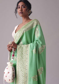 Jadesheen Green Embroidered Saree In Khadi Silk