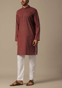 Jaipur Print And Pintucks Red Cotton Kurta Set