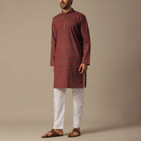 Jaipur Print And Pintucks Red Cotton Kurta Set
