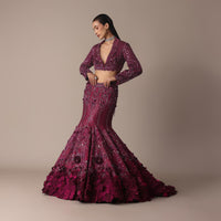 Wine Opulent Fish Cut Lehenga And Embellished Jacket Duo