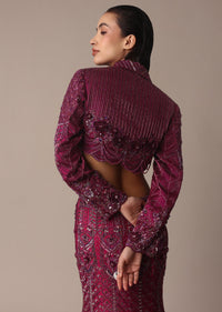 Wine Opulent Fish Cut Lehenga And Embellished Jacket Duo